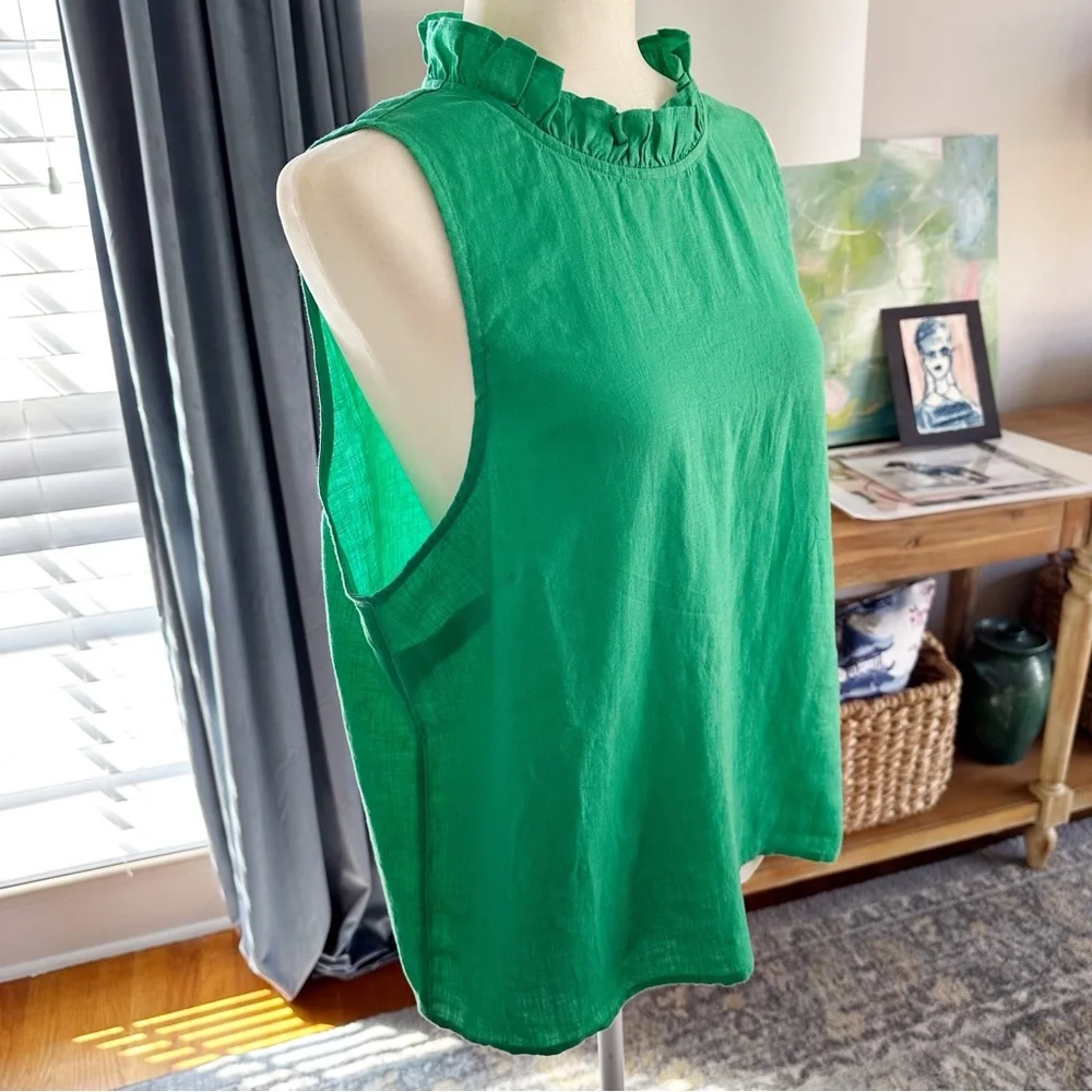 NWT J.Crew Fleur Green 100% Linen Ruffle Tank Top L